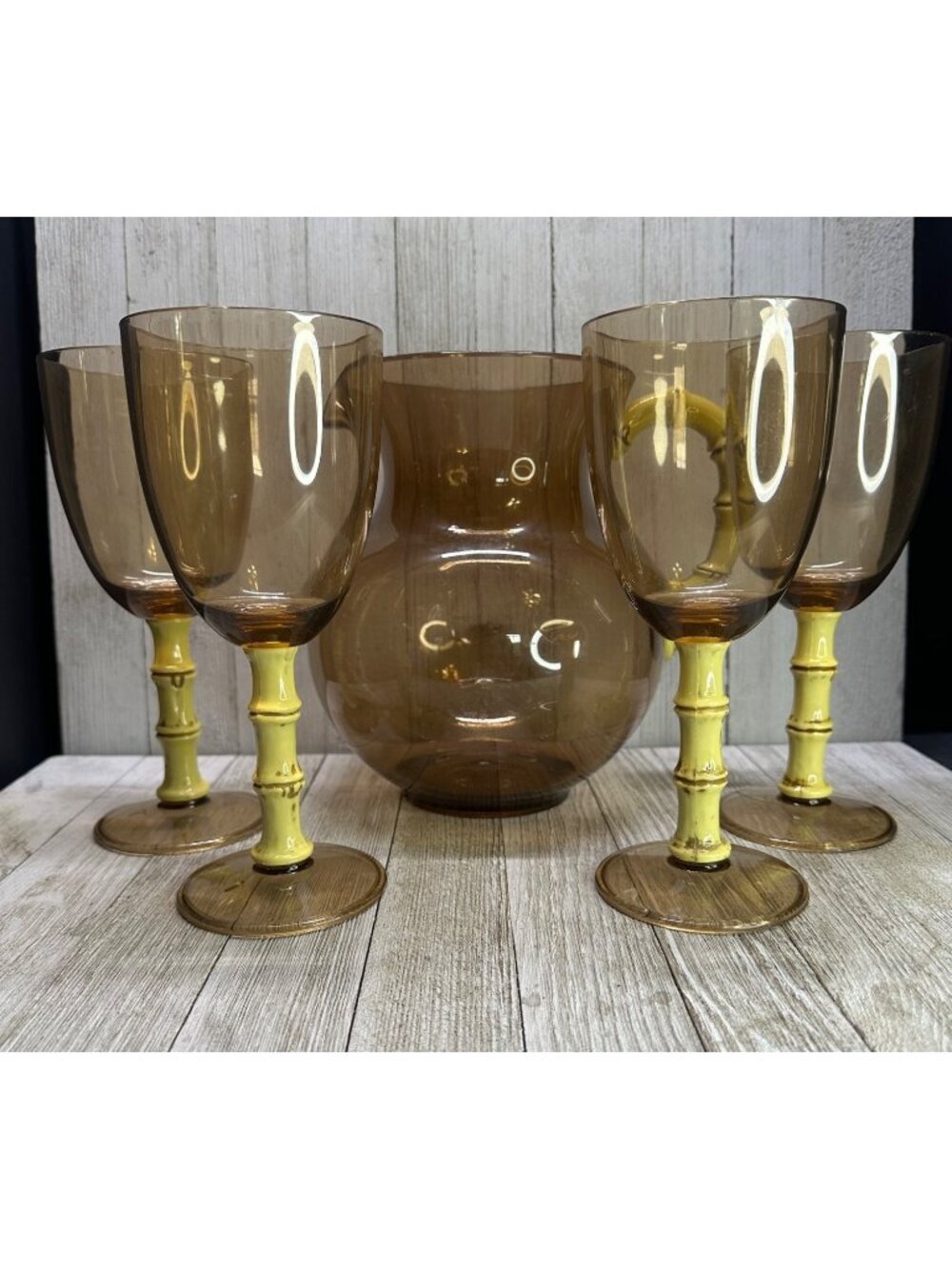 Vtg Tiki Bar Wine Glasses & Pitcher Acrylic Tree Bamboo Stem Cocktail Set 5